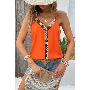 SHEWIN WOMEN ORANGE GEOMETRIC EMBROIDERED LOOSE CAMI TOP